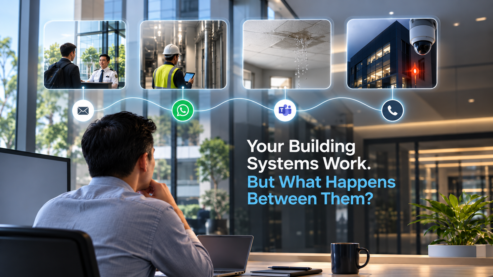Facility manager reviewing building operations with visuals of visitor access, contractor access, facility issues and after-hours security monitoring.